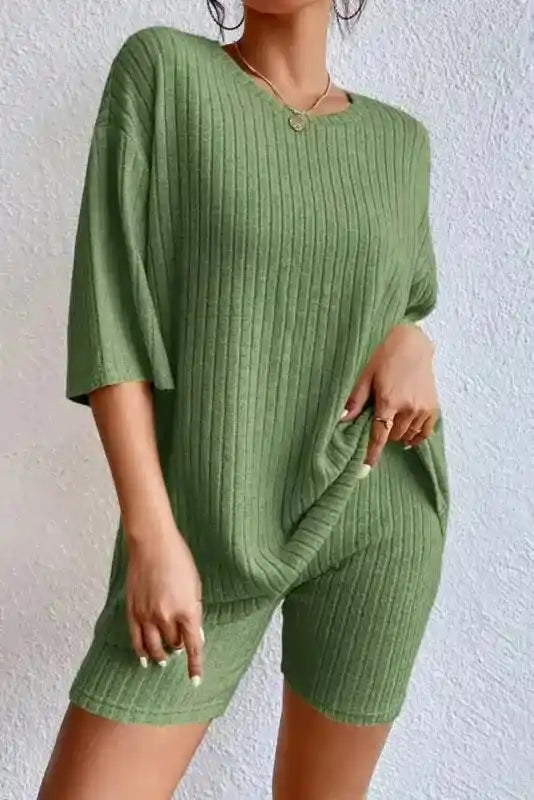 Plus Size Ribbed V-Neck Pullover and Wide Leg Pants Set