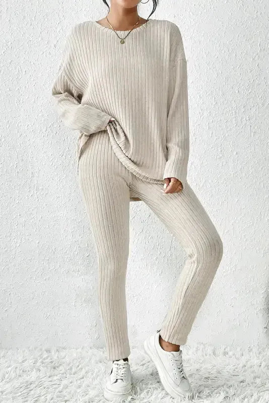 Plus Size Ribbed V-Neck Pullover and Wide Leg Pants Set
