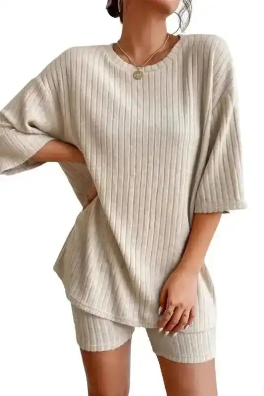 Plus Size Ribbed V-Neck Pullover and Wide Leg Pants Set