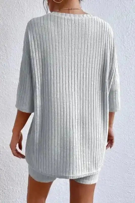 Plus Size Ribbed V-Neck Pullover and Wide Leg Pants Set