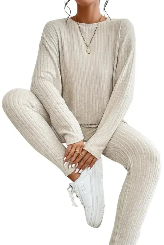 Plus Size Ribbed V-Neck Pullover and Wide Leg Pants Set