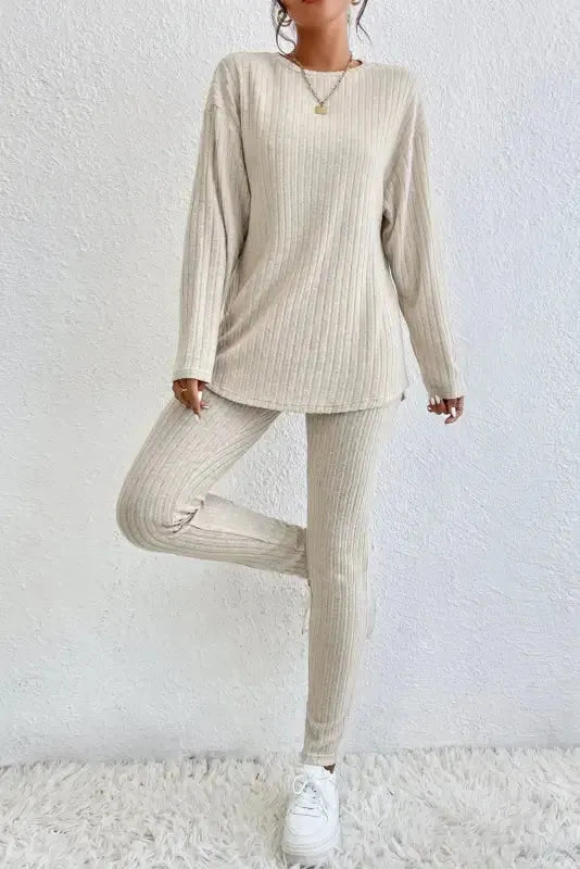 Plus Size Ribbed V-Neck Pullover and Wide Leg Pants Set
