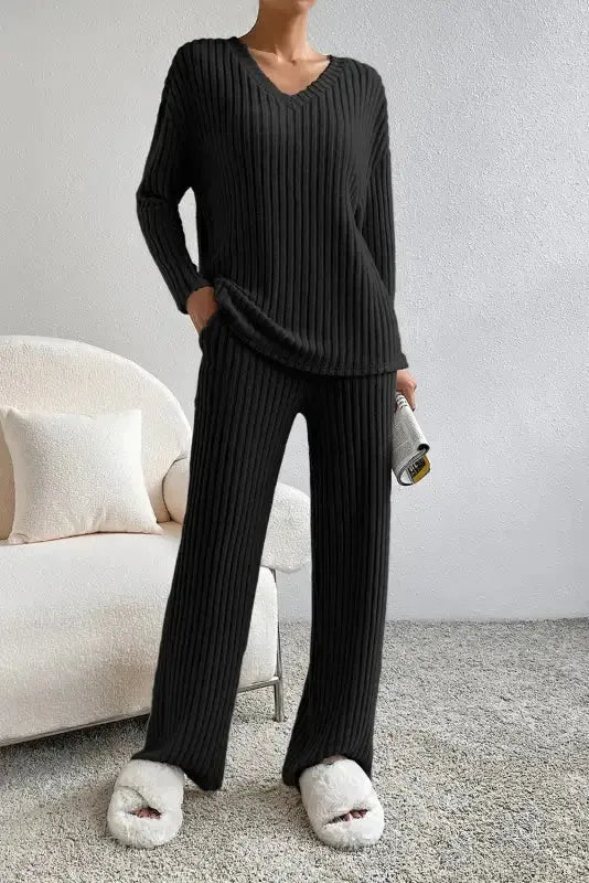 Plus Size Ribbed V-Neck Pullover and Wide Leg Pants Set
