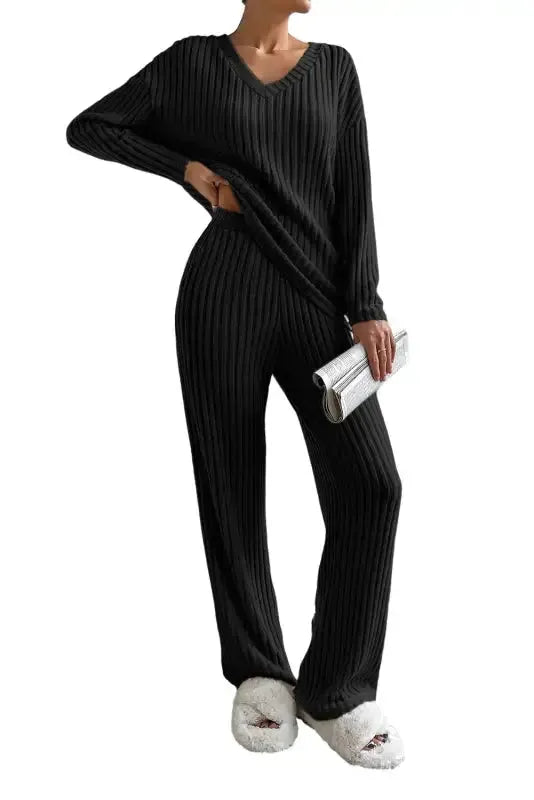 Plus Size Ribbed V-Neck Pullover and Wide Leg Pants Set