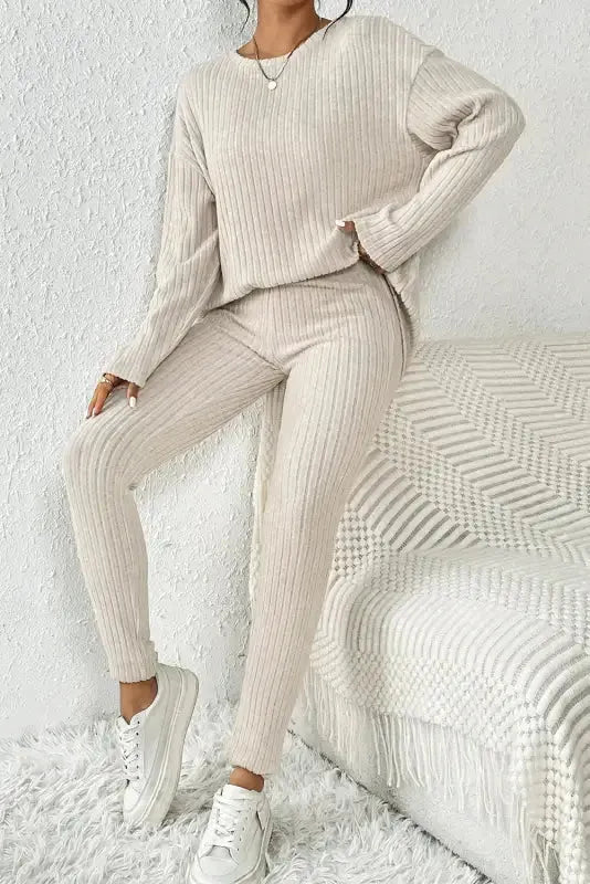 Plus Size Ribbed V-Neck Pullover and Wide Leg Pants Set