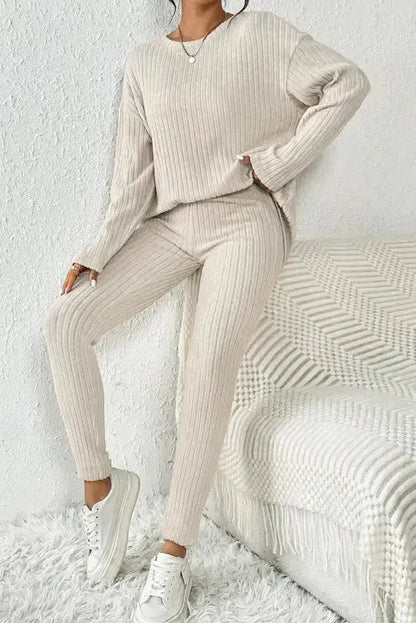 Plus Size Ribbed V-Neck Pullover Pants Set