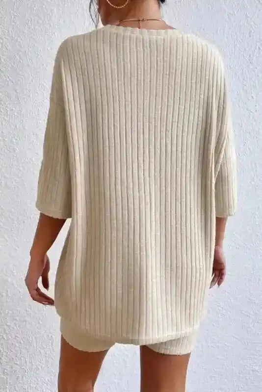 Plus Size Ribbed V-Neck Pullover and Wide Leg Pants Set