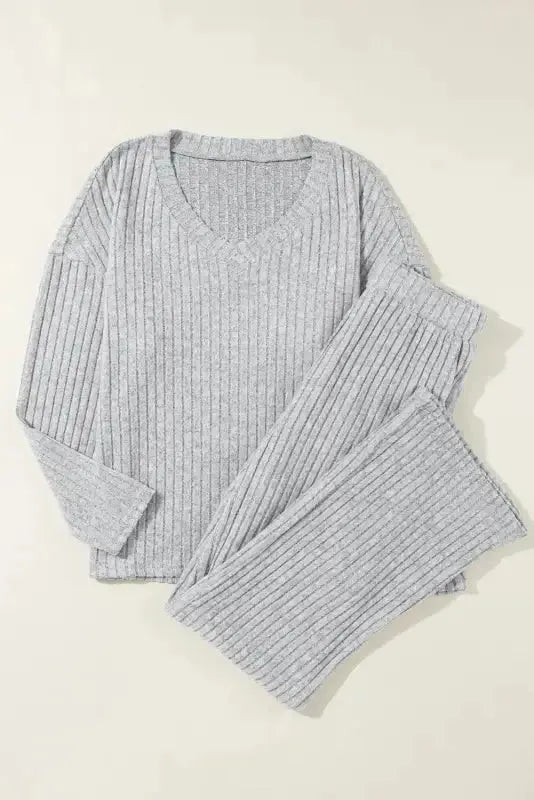 Plus Size Ribbed V-Neck Pullover and Wide Leg Pants Set
