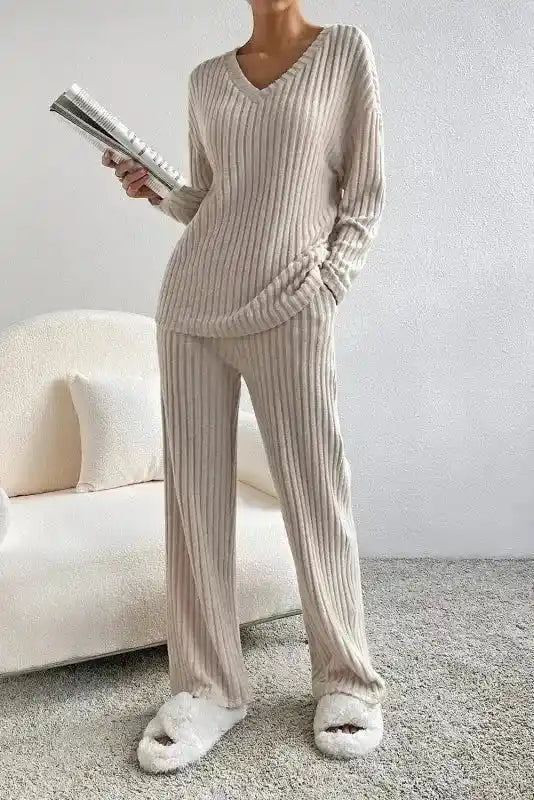 Plus Size Ribbed V-Neck Pullover and Wide Leg Pants Set