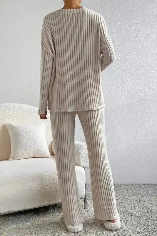 Plus Size Ribbed V-Neck Pullover and Wide Leg Pants Set