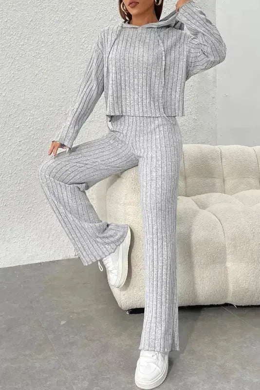 Plus Size Ribbed V-Neck Pullover and Wide Leg Pants Set