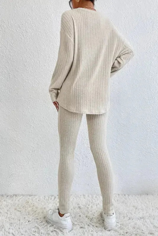 Plus Size Ribbed V-Neck Pullover and Wide Leg Pants Set
