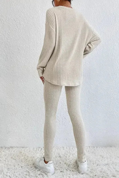 Plus Size Ribbed V-Neck Pullover Pants Set