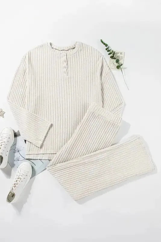 Plus Size Ribbed V-Neck Pullover and Wide Leg Pants Set