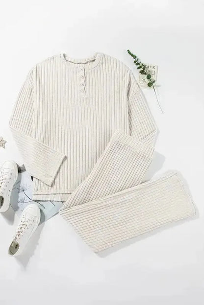 Plus Size Ribbed V-Neck Pullover Pants Set