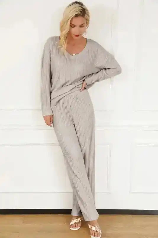 Plus Size Ribbed V-Neck Pullover and Wide Leg Pants Set