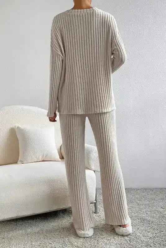Plus Size Ribbed V-Neck Pullover and Wide Leg Pants Set