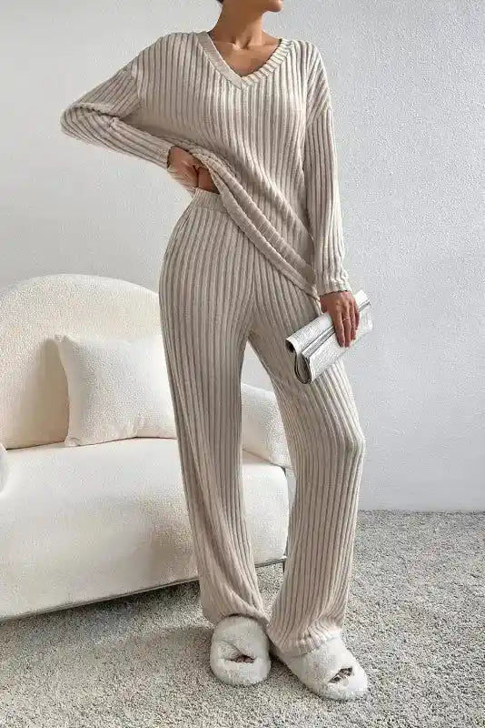 Plus Size Ribbed V-Neck Pullover and Wide Leg Pants Set