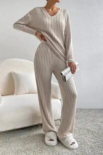 Plus Size Ribbed V-Neck Pullover Pants Set