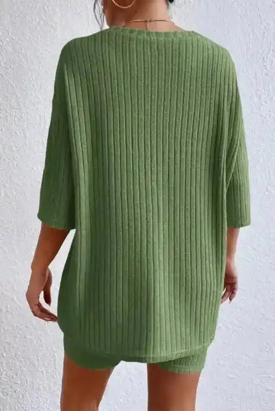 Plus Size Ribbed V-Neck Pullover and Wide Leg Pants Set