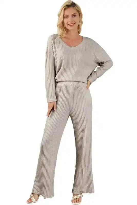 Plus Size Ribbed V-Neck Pullover and Wide Leg Pants Set