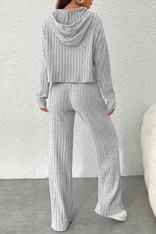 Plus Size Ribbed V-Neck Pullover and Wide Leg Pants Set