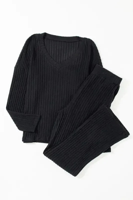Plus Size Ribbed V-Neck Pullover and Wide Leg Pants Set