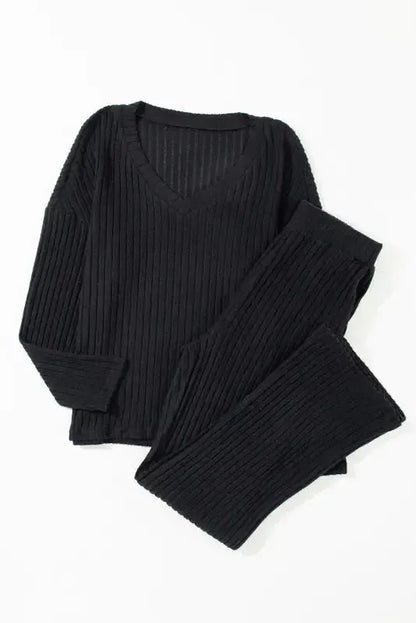 Plus Size Ribbed V-Neck Pullover Pants Set