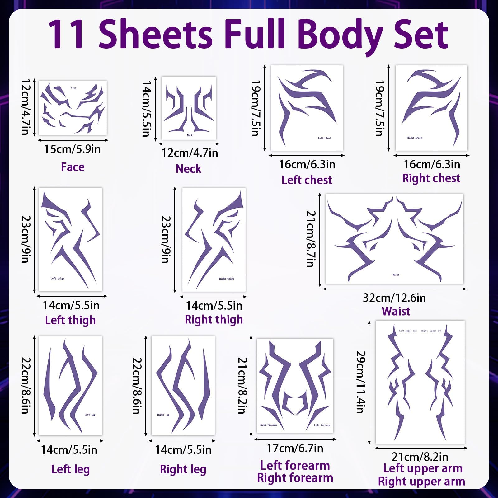 Party Greeting Purple Demon Cosplay Temporary Tattoos – 11 Sheets Waterproof Body & Face Stickers