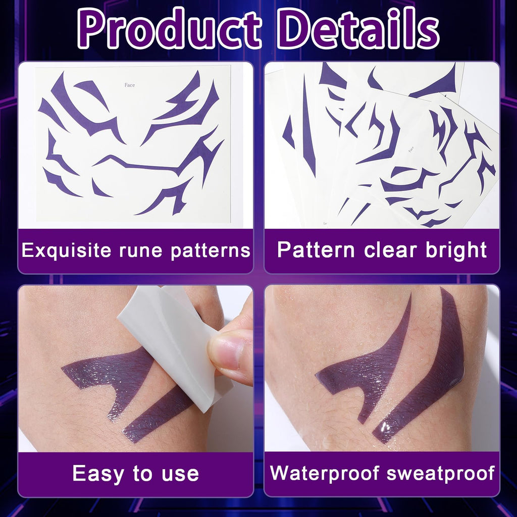 Party Greeting Purple Demon Cosplay Temporary Tattoos – 11 Sheets Waterproof Body & Face Stickers