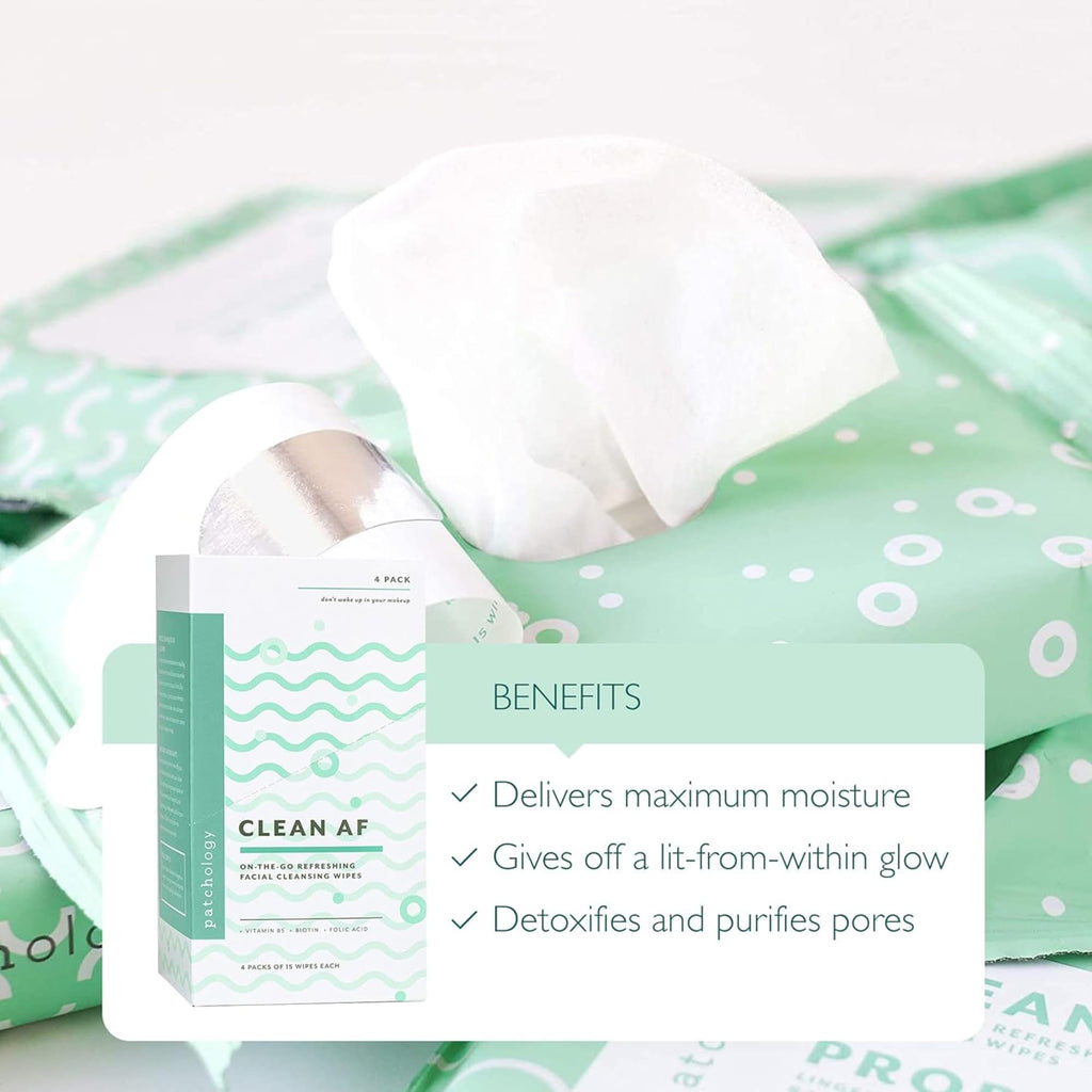 Patchology Clean AF Facial Cleansing Wipes – Travel-Size Makeup Remover for Sensitive & Oily Skin (4 Pack, 60 Wipes)