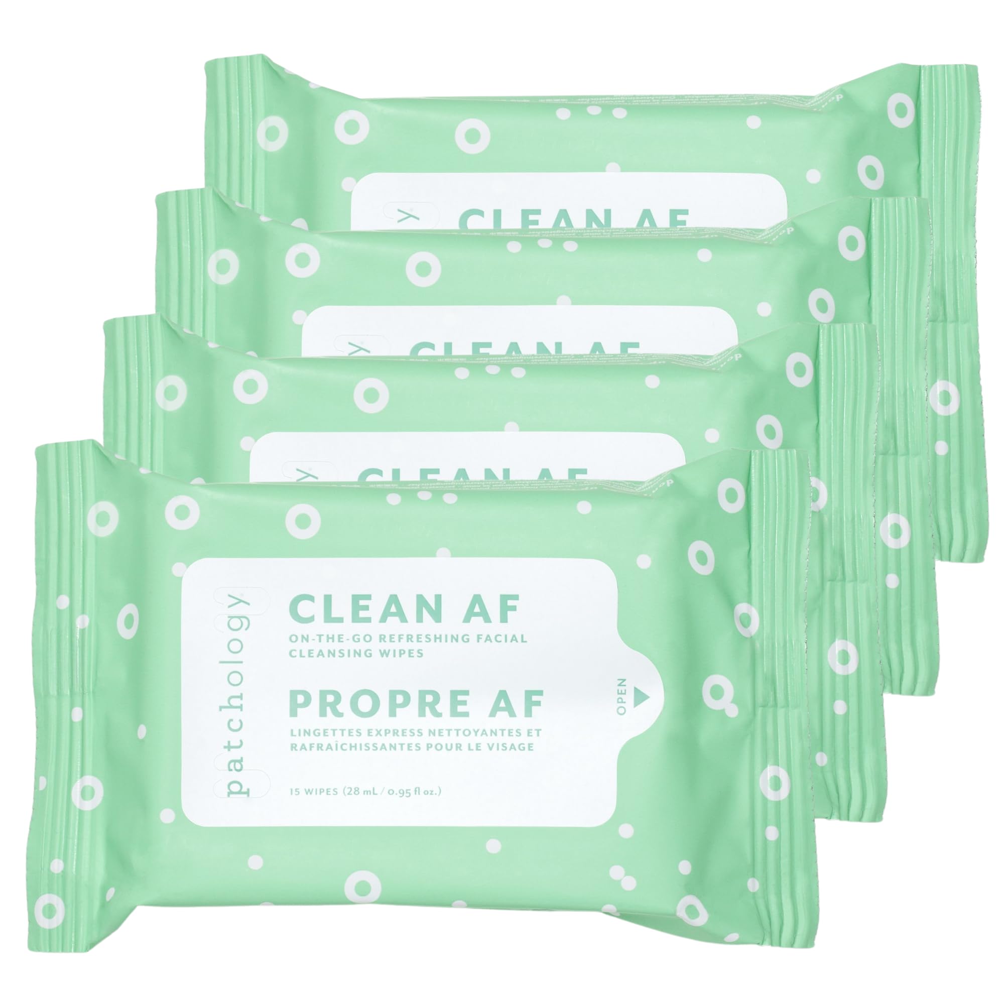 Patchology Clean AF Facial Cleansing Wipes – Travel-Size Makeup Remover for Sensitive & Oily Skin (4 Pack, 60 Wipes)