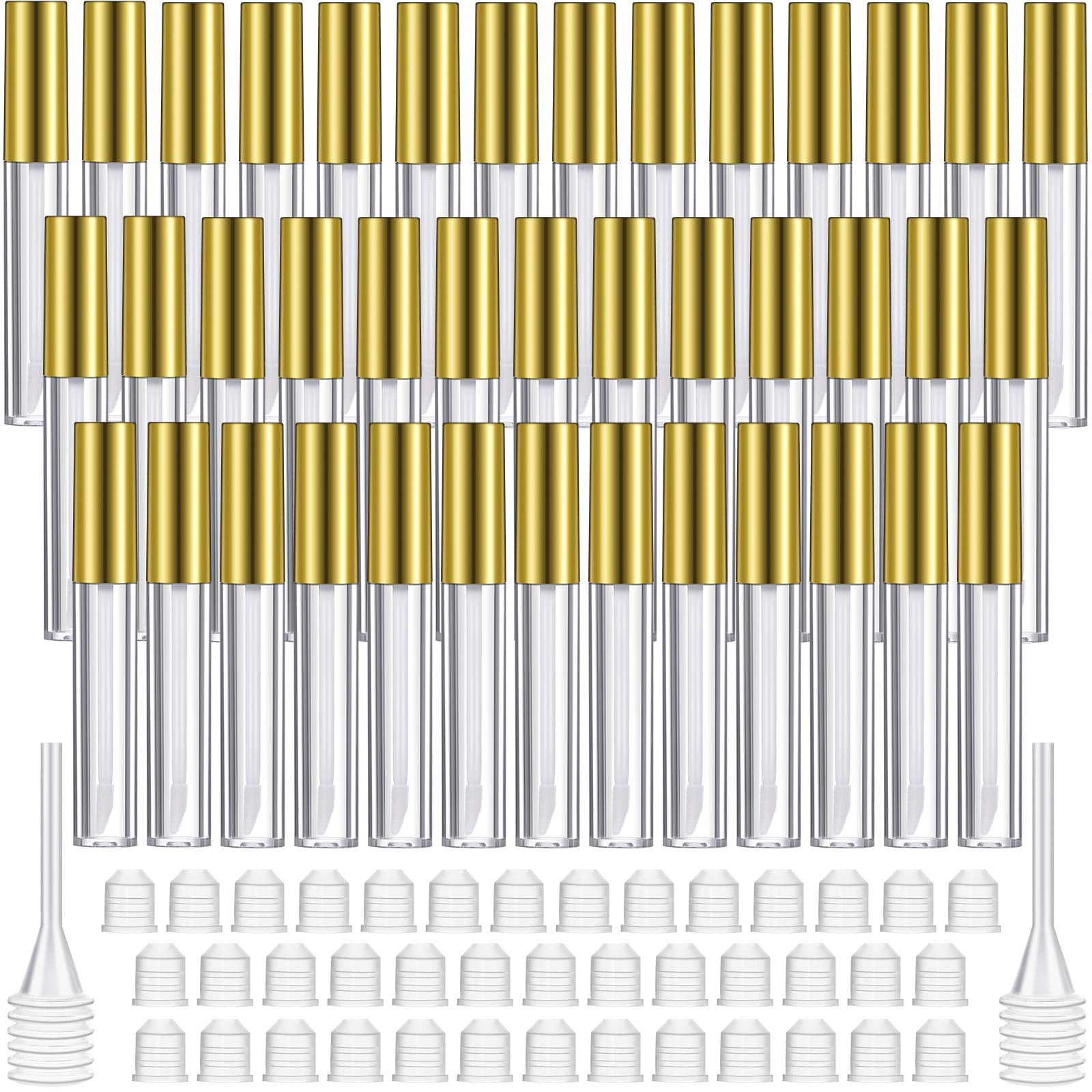 Patelai 40-Piece Empty Lip Gloss Tubes Set | 10 ml Clear Bottles with Gold Caps, Rubber Stoppers & Funnels