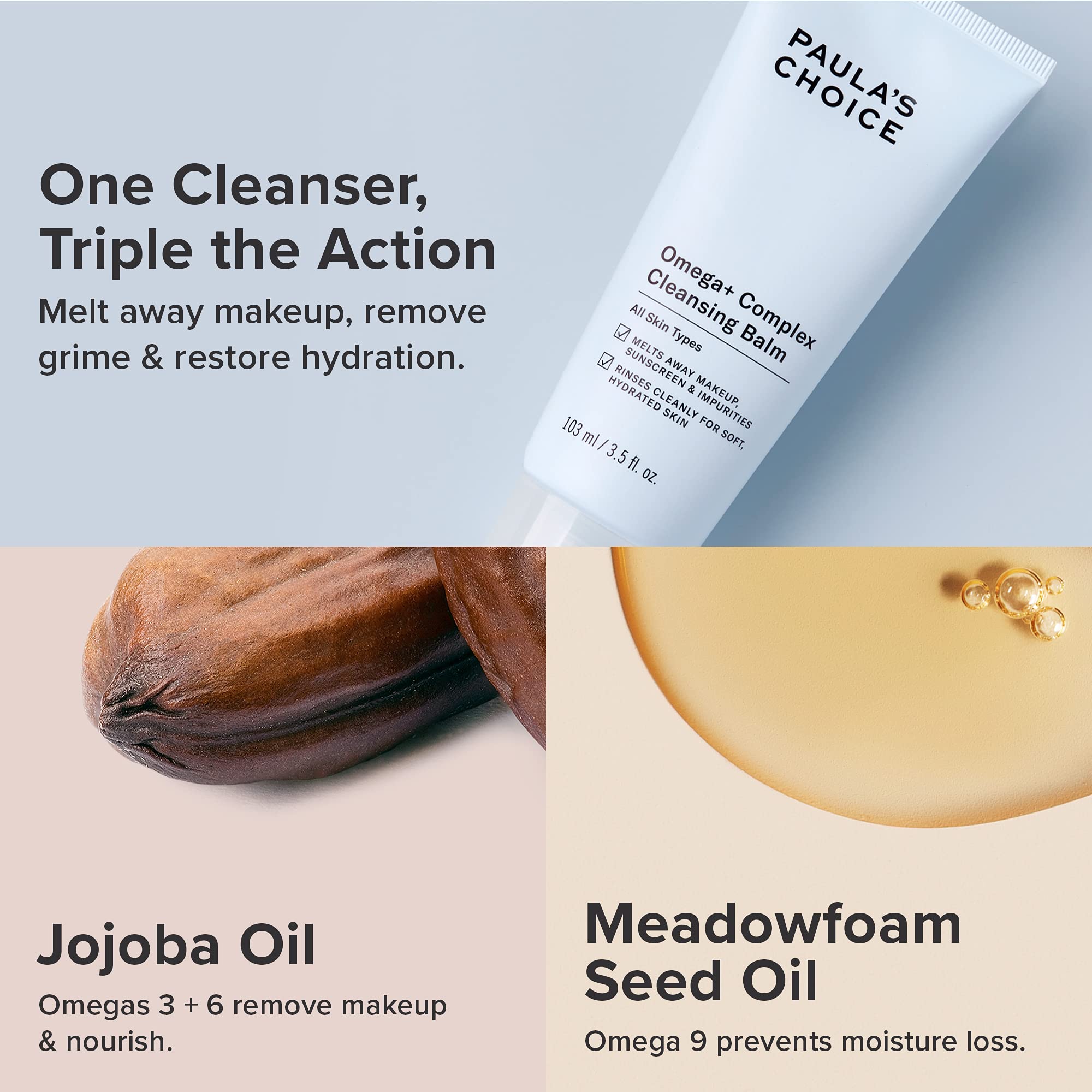 Paula's Choice Omega Complex Face Cleansing Balm – Fragrance-Free, Mineral Oil-Free for Dry & Sensitive Skin, 3.5 fl oz