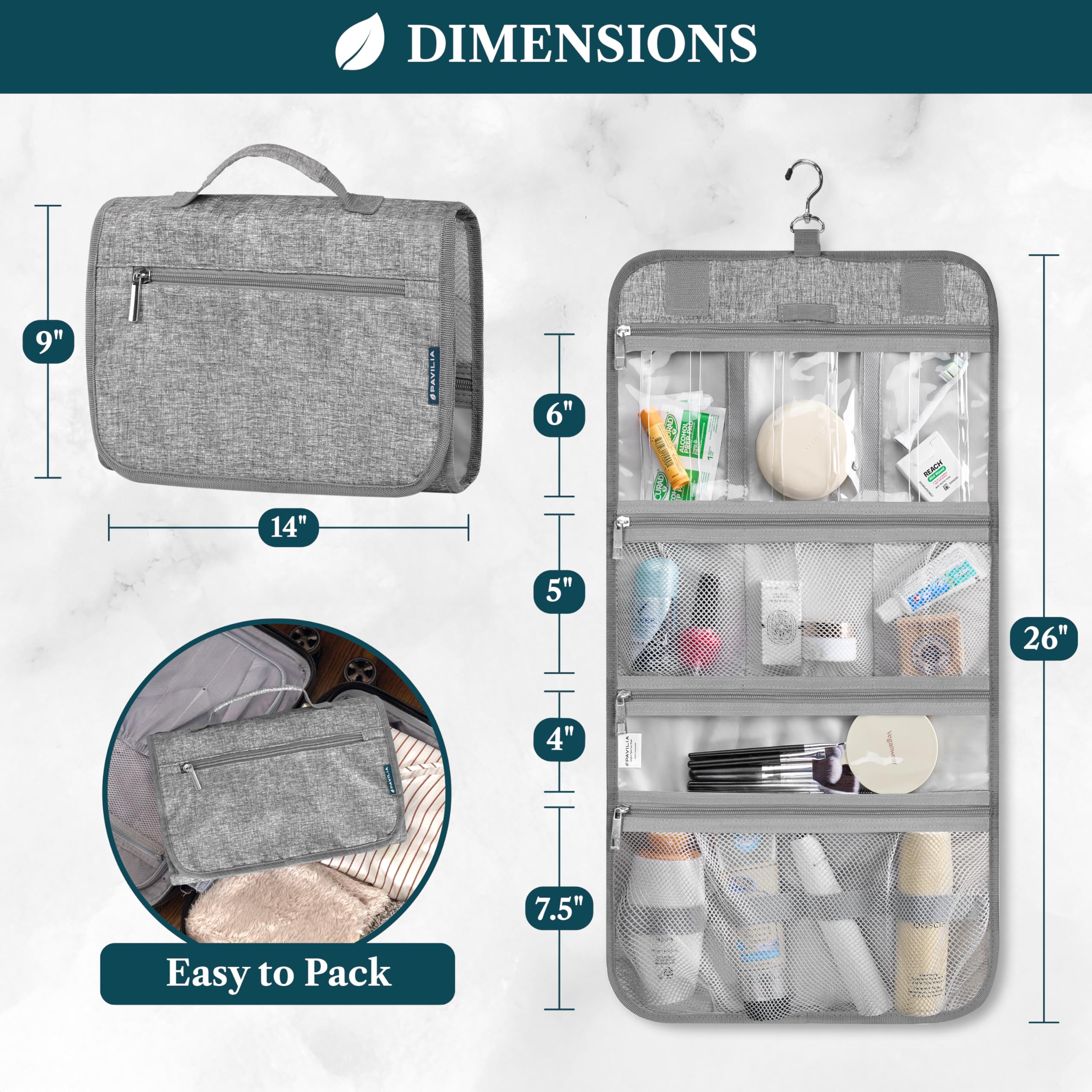 PAVILIA Hanging Toiletry Bag - Large Foldable Travel Kit, Waterproof & TSA-Ready