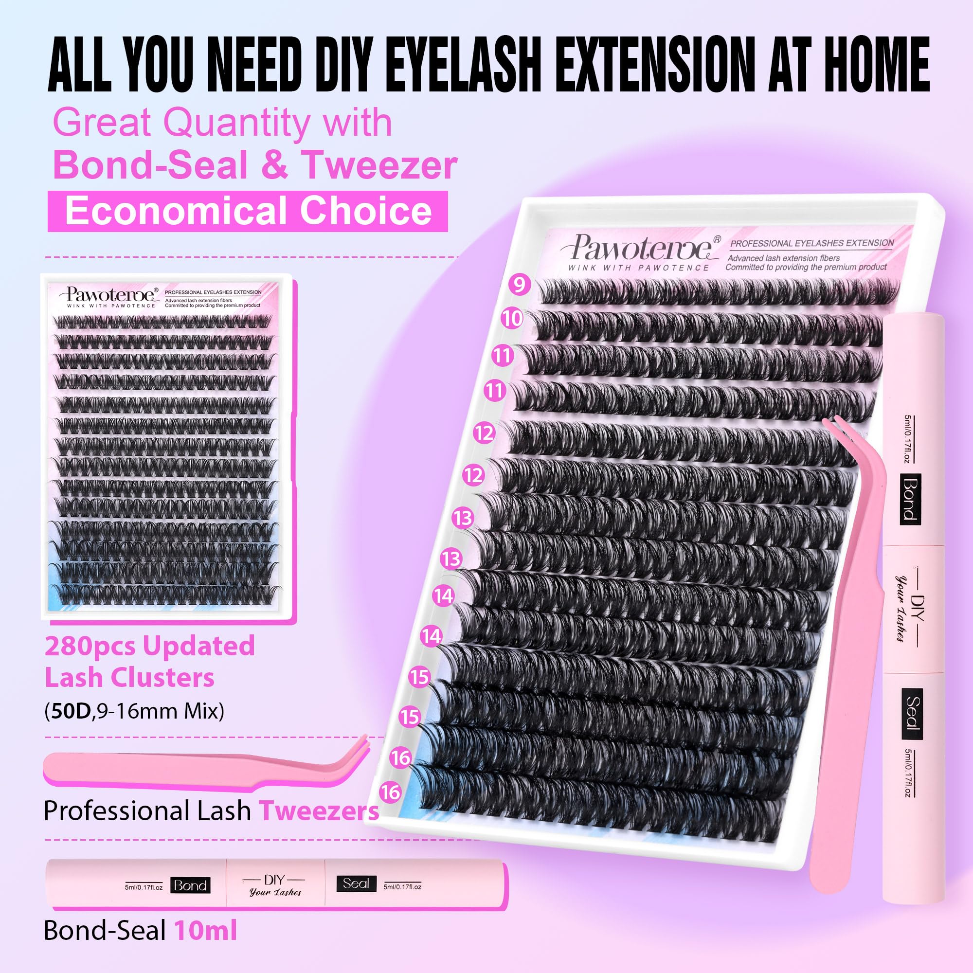 Pawotence Lash Extension Kit DIY 280pcs — 50D 9-16mm Clusters, Bond & Seal, Self-Application