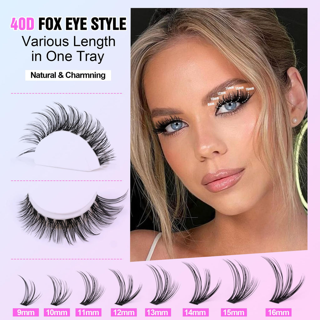 Pawotence Lash Clusters Kit — Cat Eye DIY Extensions 9-16mm (40D) with Bond, Seal & Tweezers