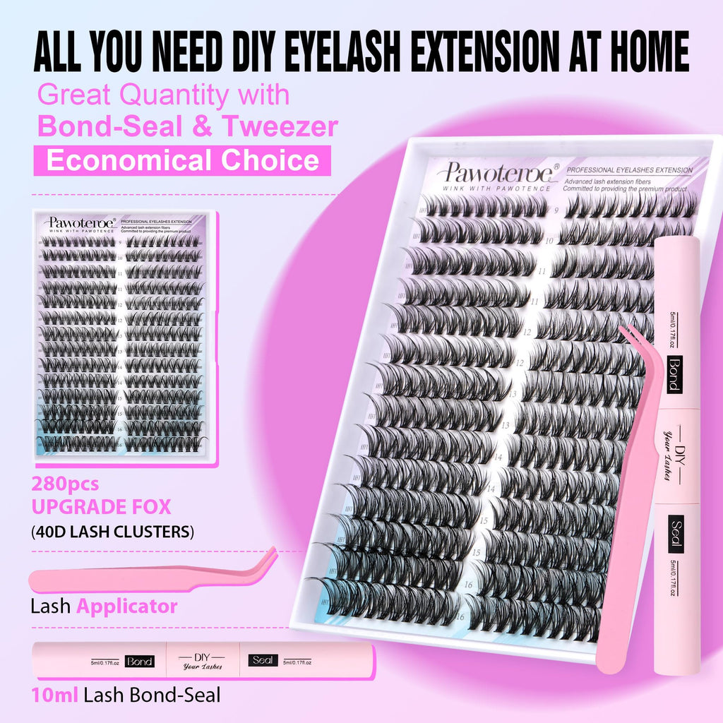 Pawotence Lash Clusters Kit — Cat Eye DIY Extensions 9-16mm (40D) with Bond, Seal & Tweezers