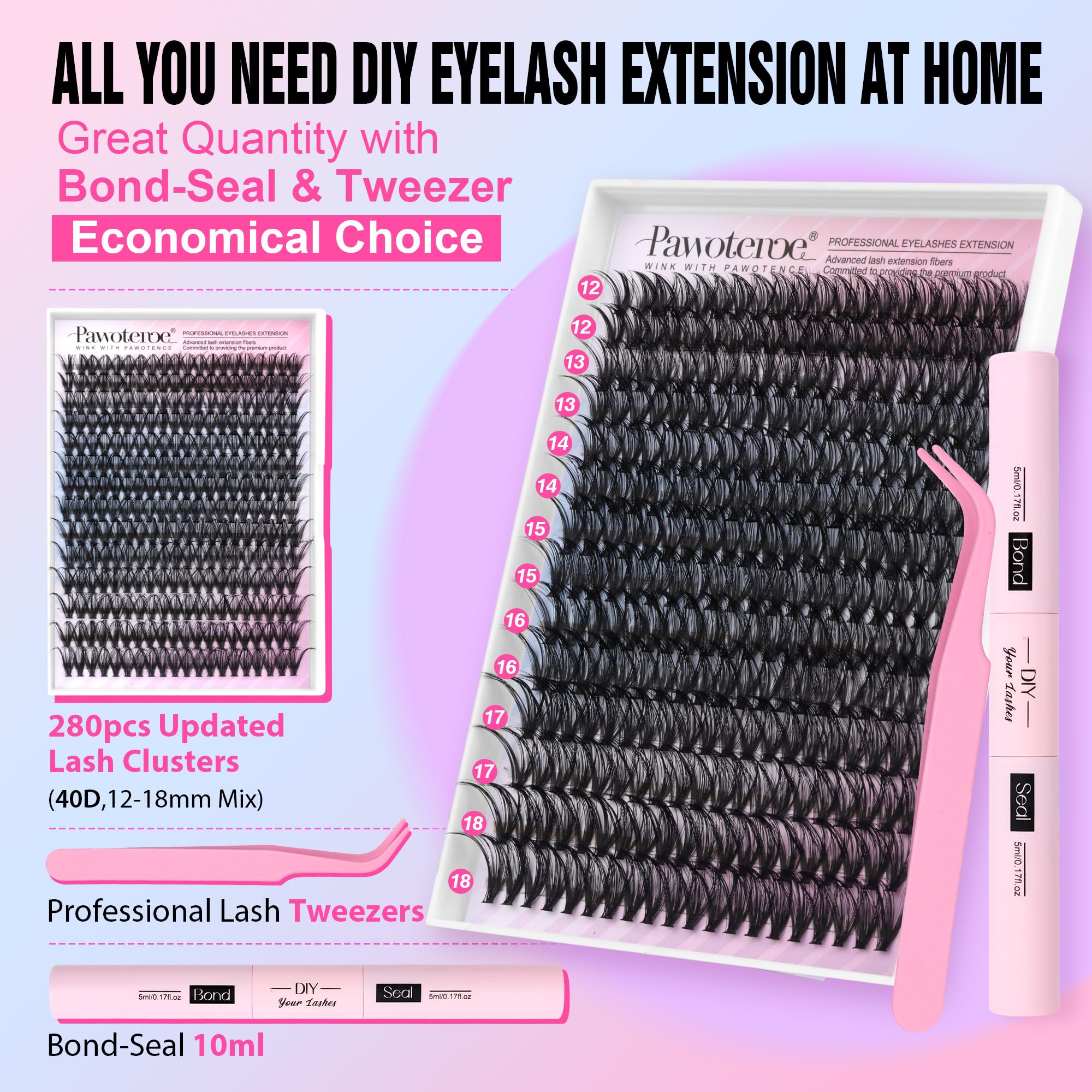 Pawotence Lash Extension Kit DIY 40D 12-18mm – 280 Clusters, Bond & Seal, Tweezers