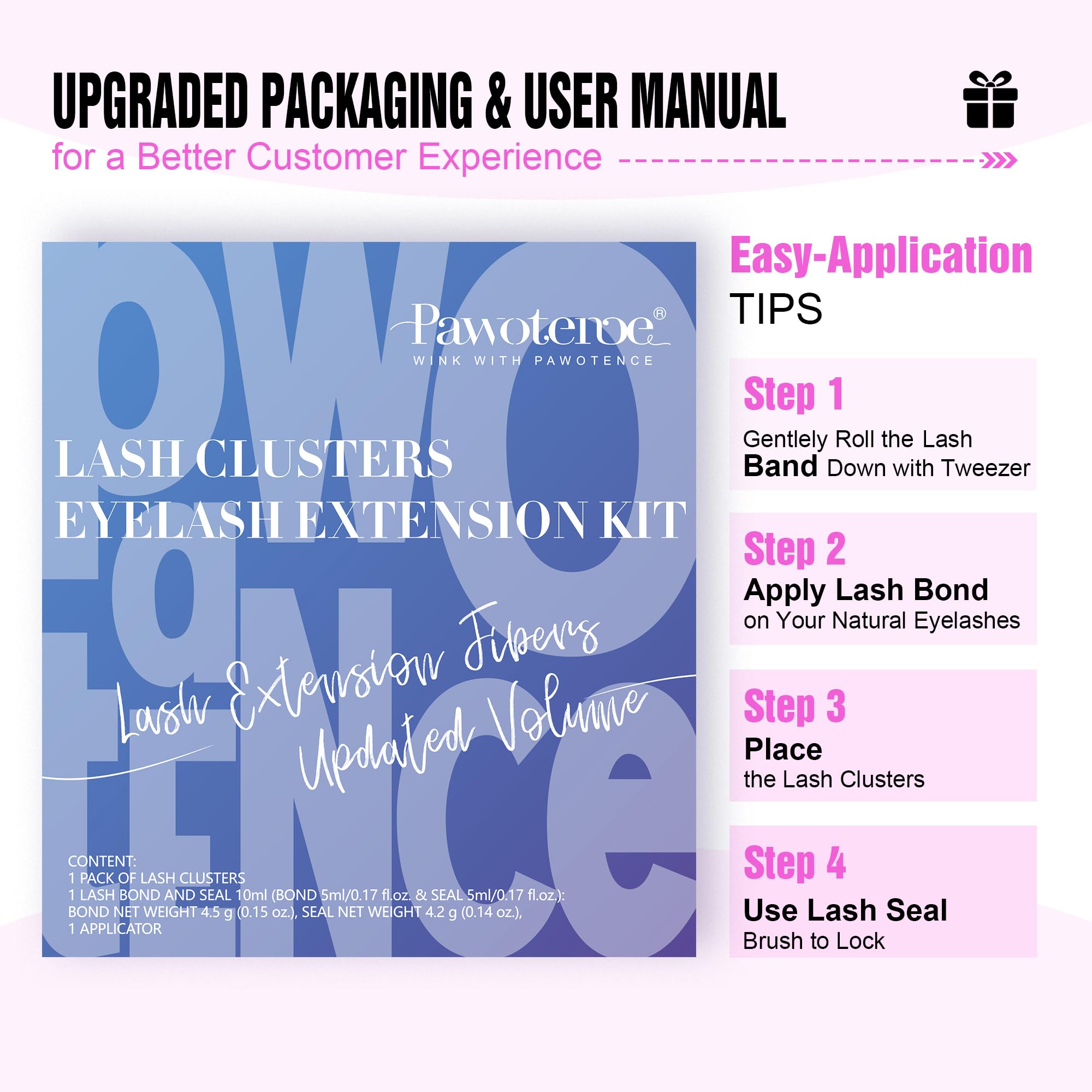 Pawotence Lash Clusters Kit — Cat Eye DIY Extensions 9-16mm (40D) with Bond, Seal & Tweezers