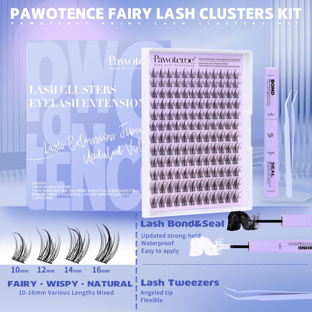 Pawotence Natural Lash Clusters Kit 10-16mm Wispy Lashes with Glue & Tweezers