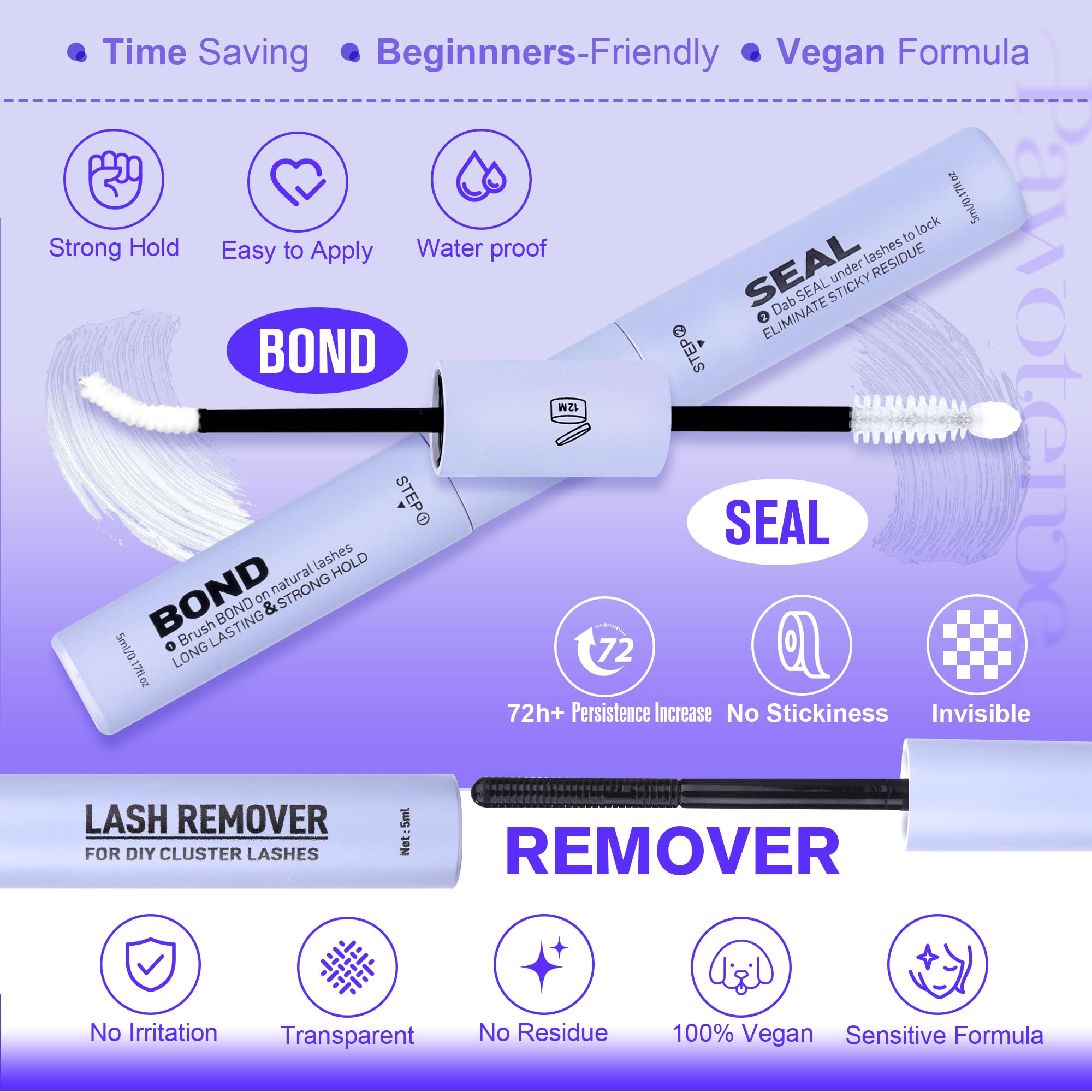 Pawotence Kira Lash Clusters Kit 144pcs – 10–18mm Wispy Lashes with Bond, Seal, Remover & Applicator