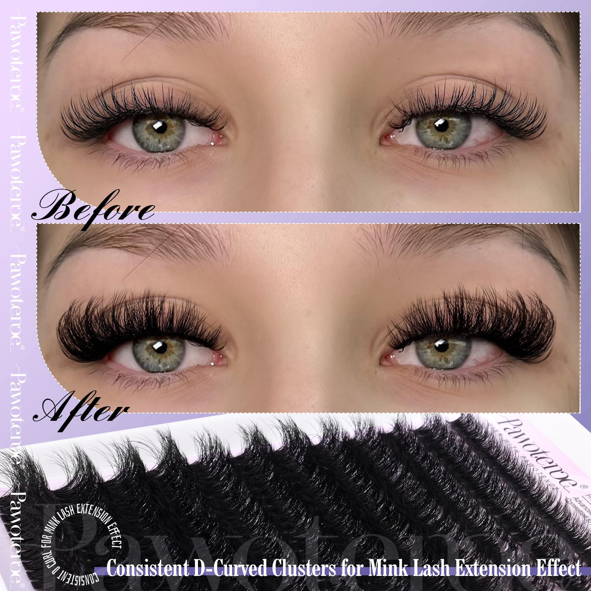 Pawotence Lash Extension Kit 80D Mink Clusters (10-20mm) – DIY Lash Kit with Bond & Seal and Tweezers