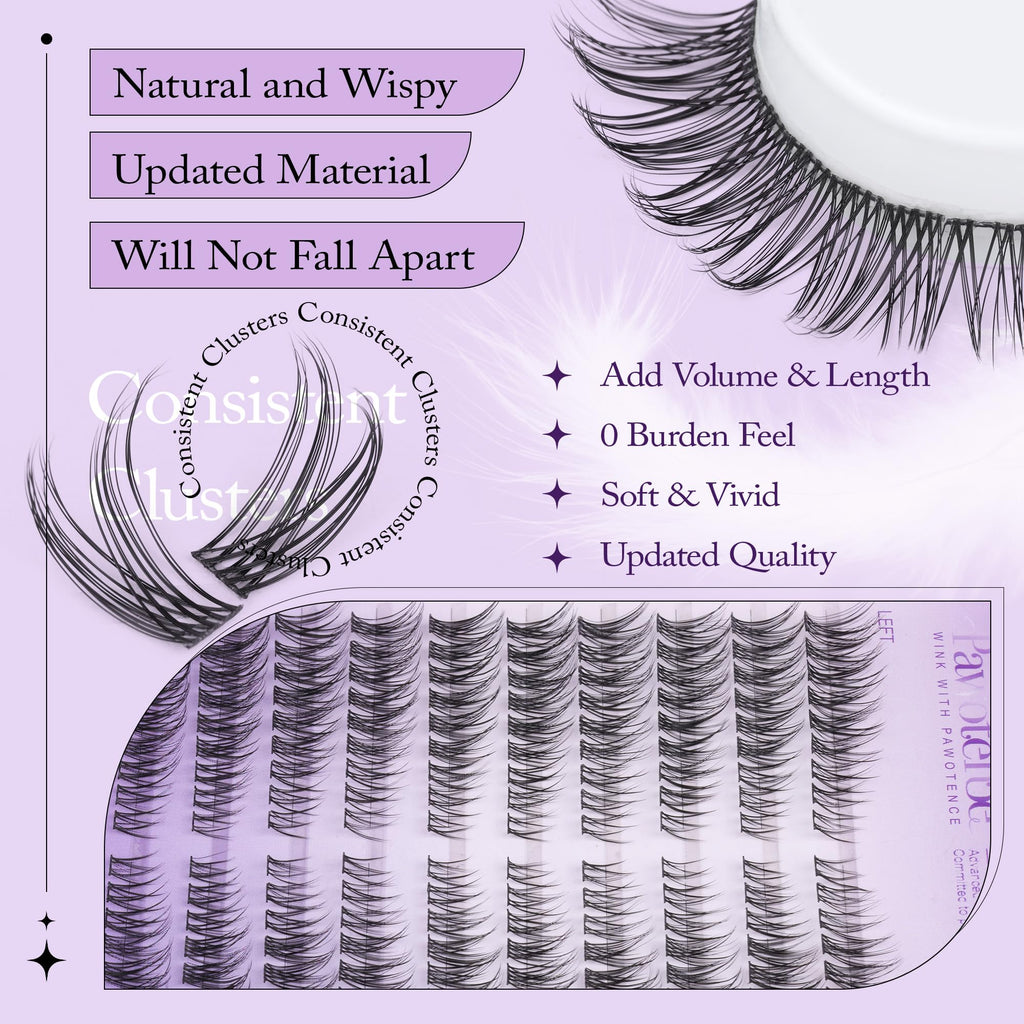 Pawotence Wispy Lash Clusters Kit – 180pcs DIY Cat Eye Extensions with Bond & Seal