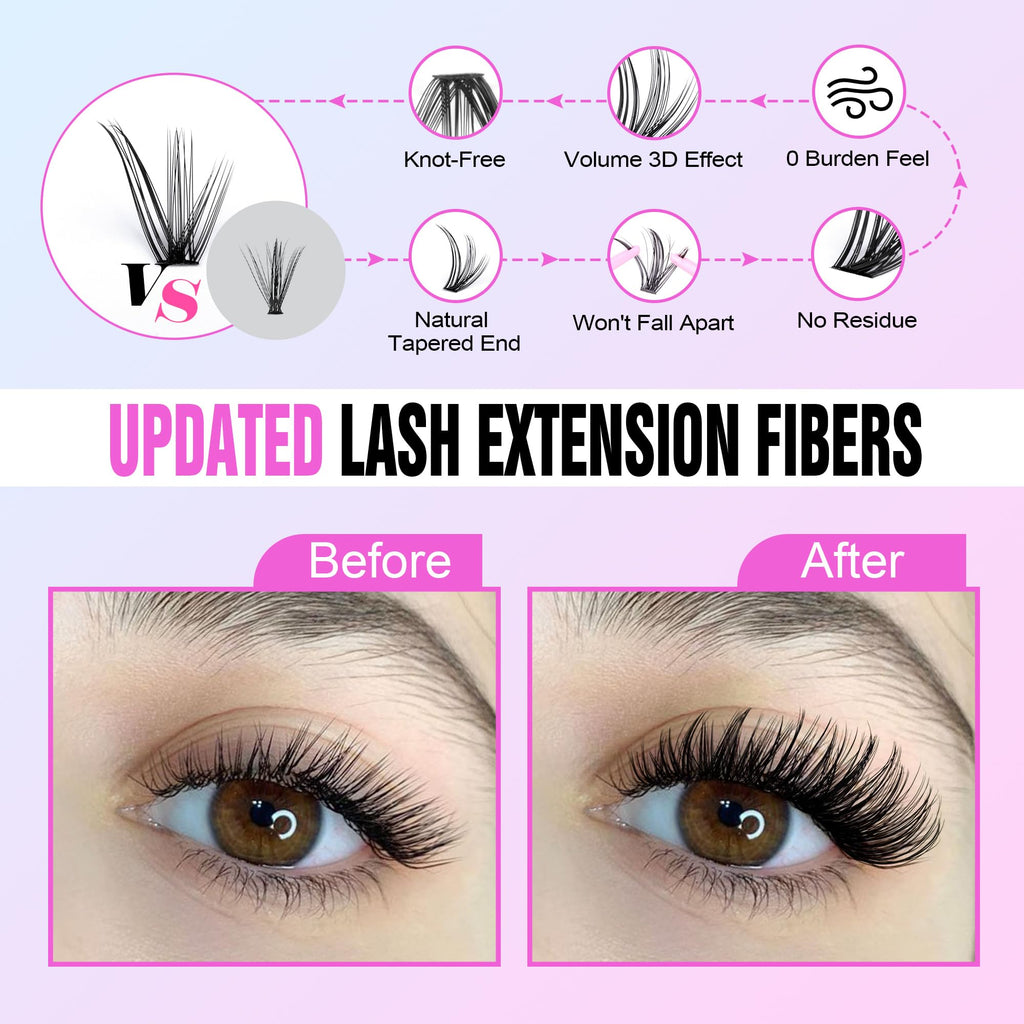 Pawotence Lash Clusters Kit — Cat Eye DIY Extensions 9-16mm (40D) with Bond, Seal & Tweezers