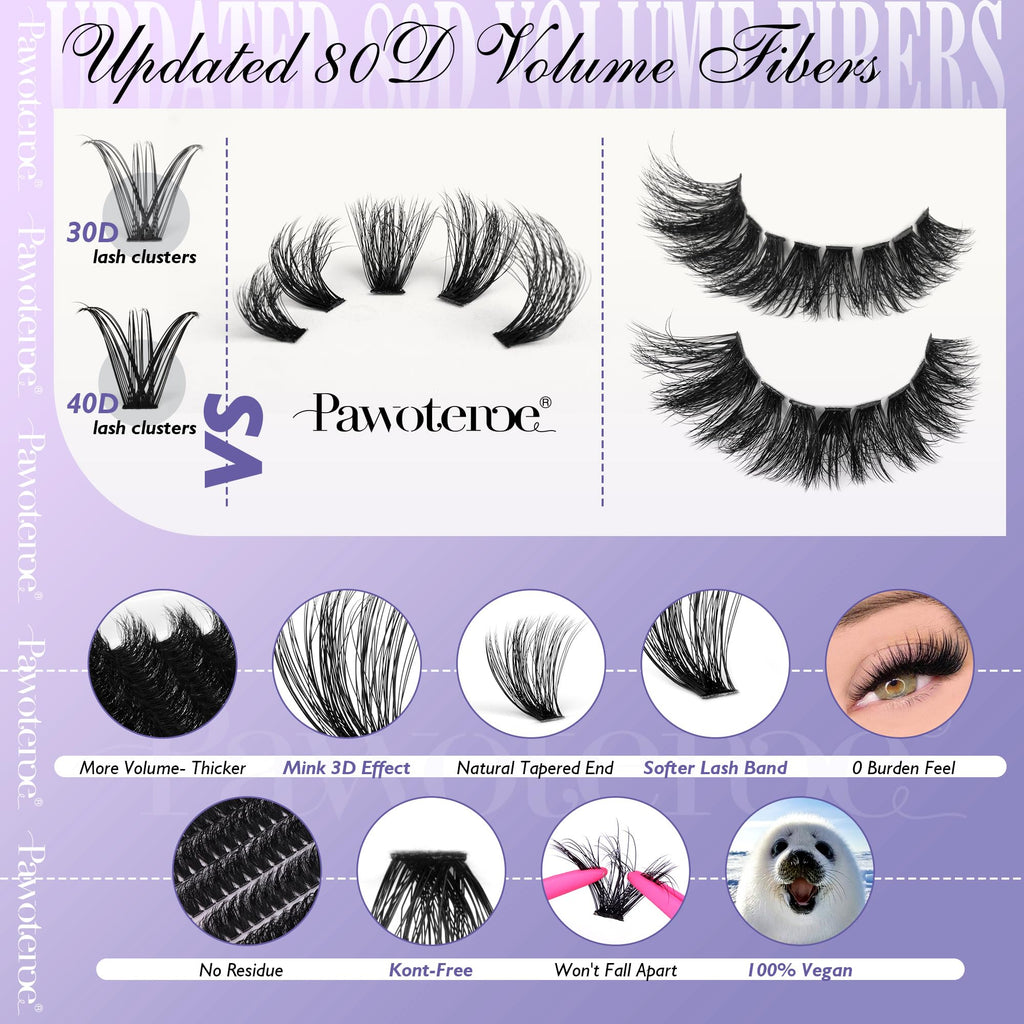 Pawotence Lash Extension Kit 80D Mink Clusters (10-20mm) – DIY Lash Kit with Bond & Seal and Tweezers