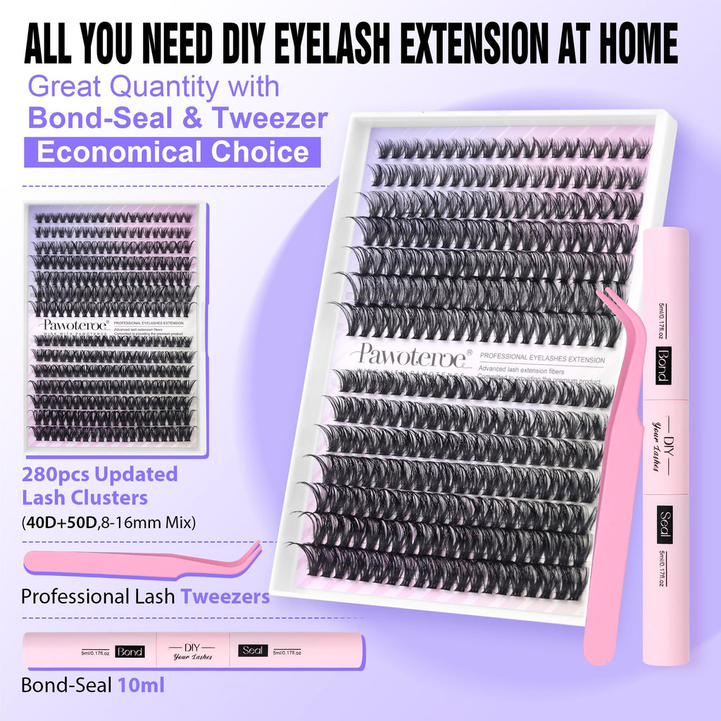 Pawotence Lash Extension Kit 40D/50D – DIY At-Home Lashes with Bond, Seal & Tweezers (8-16mm)