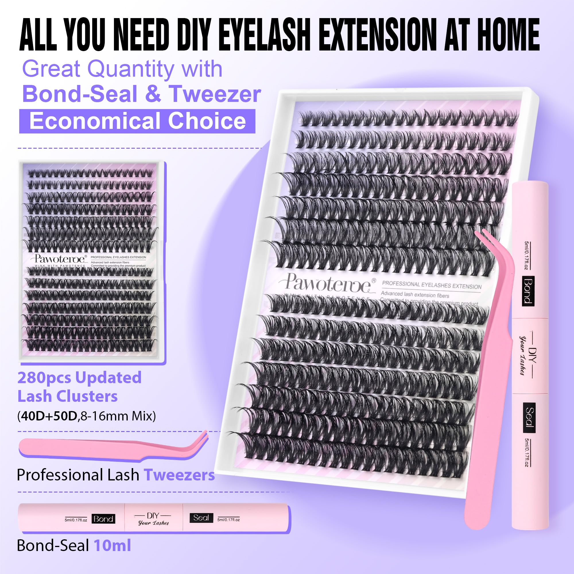 Pawotence Lash Extension Kit 40D/50D – DIY At-Home Lashes with Bond, Seal & Tweezers (8-16mm)