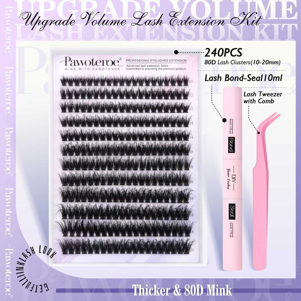 Pawotence Lash Extension Kit 80D Mink Clusters (10-20mm) – DIY Lash Kit with Bond & Seal and Tweezers