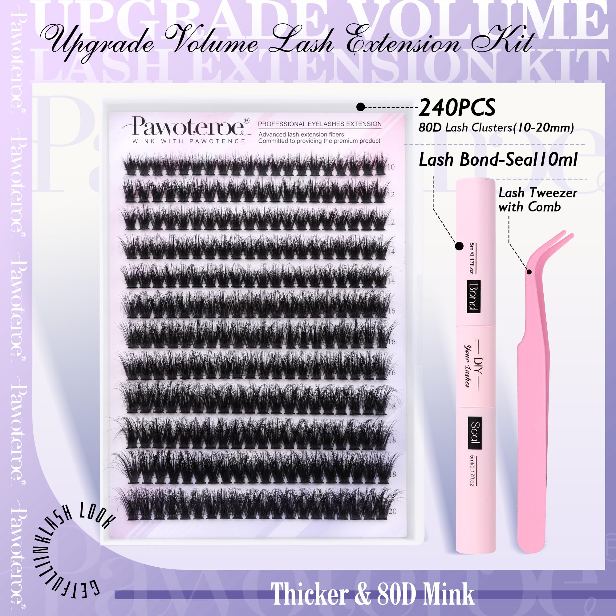 Pawotence Lash Extension Kit 80D Mink Clusters (10-20mm) – DIY Lash Kit with Bond & Seal and Tweezers